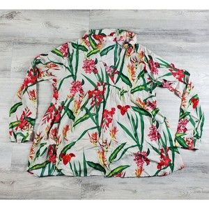 Kori America White Floral V Neck Long Sleeve Blouse Sz M Very Nice! Cotton